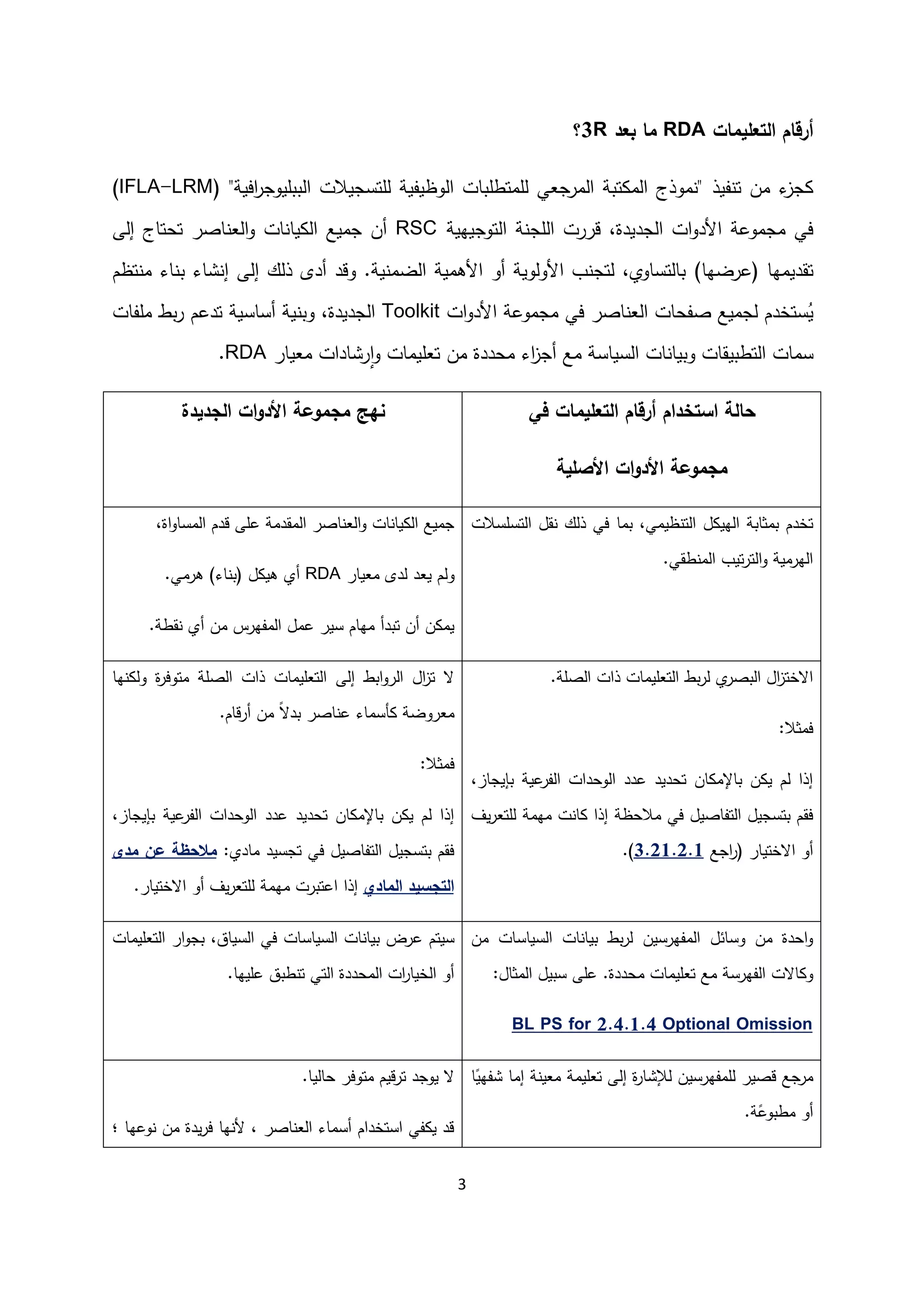 3
‫أ‬‫تعليمات‬ ‫ا‬ ‫رقام‬RDA‫بعد‬ ‫ما‬3R‫؟‬
‫فيذ‬ ‫ت‬ ‫من‬ ‫ء‬‫جز‬( "‫افية‬‫ر‬‫ببليوج‬ ‫ا‬ ‫لتسجيالت‬ ‫وظيفية‬ ‫ا‬ ‫لمتطلبات‬ ‫مرجعي‬ ‫ا‬ ‫تبة‬ ‫م‬ ‫ا‬ ‫موذج‬ "IFLA-LRM)
‫قرر‬ ،‫جديدة‬ ‫ا‬ ‫ات‬‫و‬‫د‬ ‫ا‬ ‫مجموعة‬ ‫في‬‫توجيهية‬ ‫ا‬ ‫ة‬ ‫لج‬ ‫ا‬ ‫ت‬RSC‫ى‬ ‫إ‬ ‫تحتاج‬ ‫اصر‬ ‫ع‬ ‫ا‬‫و‬ ‫ات‬ ‫يا‬ ‫ا‬ ‫جميع‬ ‫أن‬
‫تقديمه‬‫ا‬)‫(عرضها‬‫شاء‬ ‫إ‬ ‫ى‬ ‫إ‬ ‫ك‬ ‫ذ‬ ‫أدى‬ ‫وقد‬ .‫ية‬ ‫ضم‬ ‫ا‬ ‫همية‬ ‫ا‬ ‫أو‬ ‫وية‬‫و‬ ‫ا‬ ‫ب‬ ‫تج‬ ،‫تساوي‬ ‫با‬‫اء‬ ‫ب‬‫تظم‬ ‫م‬
‫ات‬‫و‬‫د‬ ‫ا‬ ‫مجموعة‬ ‫في‬ ‫اصر‬ ‫ع‬ ‫ا‬ ‫صفحات‬ ‫جميع‬ ‫ستخدم‬ُ‫ي‬Toolkit‫ملفات‬ ‫بط‬‫ر‬ ‫تدعم‬ ‫أساسية‬ ‫ية‬ ‫وب‬ ،‫جديدة‬ ‫ا‬
‫سمات‬‫و‬ ‫تطبيقات‬ ‫ا‬‫ات‬ ‫بيا‬‫من‬ ‫محددة‬ ‫اء‬‫ز‬‫أج‬ ‫مع‬ ‫سياسة‬ ‫ا‬‫تعليمات‬‫رشادات‬‫ا‬‫و‬‫معيار‬RDA.
‫جديدة‬ ‫ا‬ ‫ات‬‫و‬‫األد‬ ‫مجموعة‬ ‫نهج‬ ‫في‬ ‫تعليمات‬ ‫ا‬ ‫أرقام‬ ‫استخدام‬ ‫ة‬ ‫حا‬
‫األصلية‬ ‫ات‬‫و‬‫األد‬ ‫مجموعة‬
،‫اة‬‫و‬‫مسا‬ ‫ا‬ ‫قدم‬ ‫على‬ ‫مقدمة‬ ‫ا‬ ‫اصر‬ ‫ع‬ ‫ا‬‫و‬ ‫ات‬ ‫يا‬ ‫ا‬ ‫جميع‬
‫و‬‫معيار‬ ‫دى‬ ‫يعد‬ ‫م‬RDA‫أي‬)‫اء‬ ‫(ب‬ ‫ل‬ ‫هي‬‫هرمي‬.
.‫قطة‬ ‫أي‬ ‫من‬ ‫مفهرس‬ ‫ا‬ ‫عمل‬ ‫سير‬ ‫مهام‬ ‫تبدأ‬ ‫أن‬ ‫ن‬ ‫يم‬
‫بما‬ ،‫ظيمي‬ ‫ت‬ ‫ا‬ ‫ل‬ ‫هي‬ ‫ا‬ ‫بمثابة‬ ‫تخدم‬‫تسلسالت‬ ‫ا‬ ‫قل‬ ‫ك‬ ‫ذ‬ ‫في‬
‫طقي‬ ‫م‬ ‫ا‬ ‫تيب‬‫ر‬‫ت‬ ‫ا‬‫و‬ ‫هرمية‬ ‫ا‬.
‫ها‬ ‫و‬ ‫ة‬‫ر‬‫متوف‬ ‫صلة‬ ‫ا‬ ‫ذات‬ ‫تعليمات‬ ‫ا‬ ‫ى‬ ‫إ‬ ‫ابط‬‫و‬‫ر‬ ‫ا‬ ‫ال‬‫ز‬‫ت‬ ‫ا‬
‫أرقام‬ ‫من‬ ً‫ا‬‫بد‬ ‫اصر‬ ‫ع‬ ‫أسماء‬ ‫معروضة‬.
‫فمثال‬:
،‫بإيجاز‬ ‫عية‬‫فر‬ ‫ا‬ ‫وحدات‬ ‫ا‬ ‫عدد‬ ‫تحديد‬ ‫ان‬ ‫باإلم‬ ‫ن‬ ‫ي‬ ‫م‬ ‫إذا‬
:‫مادي‬ ‫تجسيد‬ ‫في‬ ‫تفاصيل‬ ‫ا‬ ‫بتسجيل‬ ‫فقم‬‫مالحظة‬‫مدى‬ ‫عن‬
‫تجسي‬ ‫ا‬‫مادي‬ ‫ا‬ ‫د‬.‫ااختيار‬ ‫أو‬ ‫يف‬‫ر‬‫لتع‬ ‫مهمة‬ ‫اعتبرت‬ ‫إذا‬
.‫صلة‬ ‫ا‬ ‫ذات‬ ‫تعليمات‬ ‫ا‬ ‫بط‬‫ر‬ ‫ي‬‫بصر‬ ‫ا‬ ‫ال‬‫ز‬‫ااخت‬
‫فمثال‬:
،‫بإيجاز‬ ‫عية‬‫فر‬ ‫ا‬ ‫وحدات‬ ‫ا‬ ‫عدد‬ ‫تحديد‬ ‫ان‬ ‫باإلم‬ ‫ن‬ ‫ي‬ ‫م‬ ‫إذا‬
‫في‬ ‫تفاصيل‬ ‫ا‬ ‫بتسجيل‬ ‫فقم‬‫مالحظة‬‫يف‬‫ر‬‫لتع‬ ‫مهمة‬ ‫ت‬ ‫ا‬ ‫إذا‬
‫اجع‬‫ر‬( ‫ااختيار‬ ‫أو‬3.21.2.1.)
‫سياس‬ ‫ا‬ ‫ات‬ ‫بيا‬ ‫عرض‬ ‫سيتم‬‫ات‬‫تعليمات‬ ‫ا‬ ‫ار‬‫و‬‫بج‬ ،‫سياق‬ ‫ا‬ ‫في‬
.‫عليها‬ ‫طبق‬ ‫ت‬ ‫تي‬ ‫ا‬ ‫محددة‬ ‫ا‬ ‫ات‬‫ر‬‫خيا‬ ‫ا‬ ‫أو‬
‫سياس‬ ‫ا‬ ‫ات‬ ‫بيا‬ ‫بط‬‫ر‬ ‫مفهرسين‬ ‫ا‬ ‫وسائل‬ ‫من‬ ‫احدة‬‫و‬‫ات‬‫من‬
‫محددة‬ ‫تعليمات‬ ‫مع‬ ‫فهرسة‬ ‫ا‬ ‫اات‬ ‫و‬.:‫مثال‬ ‫ا‬ ‫سبيل‬ ‫على‬
BL PS for 2.4.1.4 Optional Omission
‫يا‬ ‫حا‬ ‫متوفر‬ ‫ترقيم‬ ‫يوجد‬ ‫ا‬.
‫؛‬ ‫وعها‬ ‫من‬ ‫يدة‬‫ر‬‫ف‬ ‫ها‬ ، ‫اصر‬ ‫ع‬ ‫ا‬ ‫أسماء‬ ‫استخدام‬ ‫في‬ ‫ي‬ ‫قد‬
‫ا‬ً‫شفهي‬ ‫إما‬ ‫ة‬ ‫معي‬ ‫تعليمة‬ ‫ى‬ ‫إ‬ ‫ة‬‫ر‬‫إلشا‬ ‫لمفهرسين‬ ‫قصير‬ ‫جع‬‫مر‬
‫ة‬ً‫مطبوع‬ ‫أو‬.
 