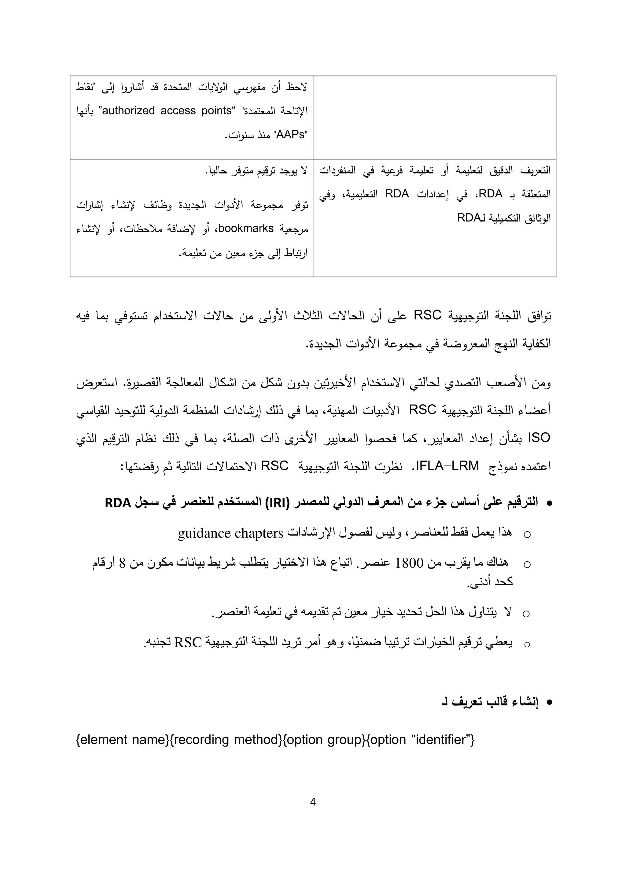 4
‫قاط‬ " ‫ى‬ ‫إ‬ ‫ا‬‫و‬‫أشار‬ ‫قد‬ ‫متحدة‬ ‫ا‬ ‫ايات‬‫و‬ ‫ا‬ ‫مفهرسي‬ ‫أن‬ ‫احظ‬
‫اإل‬‫تاحة‬"‫معتمدة‬ ‫ا‬“authorized access points”‫بأ‬‫ها‬
"AAPs.‫ات‬‫و‬ ‫س‬ ‫ذ‬ ‫م‬ "
‫ترق‬ ‫يوجد‬ ‫ا‬‫يا‬ ‫حا‬ ‫متوفر‬ ‫يم‬.
‫ات‬‫ر‬‫إشا‬ ‫شاء‬ ‫إل‬ ‫وظائف‬ ‫جديدة‬ ‫ا‬ ‫ات‬‫و‬‫د‬ ‫ا‬ ‫مجموعة‬ ‫توفر‬
‫مرجعية‬bookmarks‫شاء‬ ‫إل‬ ‫أو‬ ،‫مالحظات‬ ‫إلضافة‬ ‫أو‬ ،
.‫تعليمة‬ ‫من‬ ‫معين‬ ‫ء‬‫جز‬ ‫ى‬ ‫إ‬ ‫تباط‬‫ر‬‫ا‬
‫فردات‬ ‫م‬ ‫ا‬ ‫في‬ ‫عية‬‫فر‬ ‫تعليمة‬ ‫أو‬ ‫تعليمة‬ ‫دقيق‬ ‫ا‬ ‫يف‬‫ر‬‫تع‬ ‫ا‬
‫ـ‬‫ب‬ ‫متعلقة‬ ‫ا‬RDA‫إعدادات‬ ‫في‬ ،RDA‫وفي‬ ،‫تعليمية‬ ‫ا‬
‫ميل‬ ‫ت‬ ‫ا‬ ‫وثائق‬ ‫ا‬‫ـ‬ ‫ية‬RDA
‫ت‬‫افق‬‫و‬‫توجيهية‬ ‫ا‬ ‫ة‬ ‫لج‬ ‫ا‬RSC‫ااستخدام‬ ‫حاات‬ ‫من‬ ‫ى‬‫و‬ ‫ا‬ ‫ثالث‬ ‫ا‬ ‫حاات‬ ‫ا‬ ‫أن‬ ‫على‬‫فيه‬ ‫بما‬ ‫تستوفي‬
‫معروضة‬ ‫ا‬ ‫هج‬ ‫ا‬ ‫فاية‬ ‫ا‬‫مجموعة‬ ‫في‬‫جديدة‬ ‫ا‬ ‫ات‬‫و‬‫د‬ ‫ا‬.
.‫ة‬‫ر‬‫قصي‬ ‫ا‬ ‫جة‬ ‫معا‬ ‫ا‬ ‫ال‬ ‫اش‬ ‫من‬ ‫ل‬ ‫ش‬ ‫بدون‬ ‫تين‬‫ر‬‫خي‬ ‫ا‬ ‫ااستخدام‬ ‫تي‬ ‫حا‬ ‫تصدي‬ ‫ا‬ ‫صعب‬ ‫ا‬ ‫ومن‬‫استعرض‬
‫ة‬ ‫لج‬ ‫ا‬ ‫أعضاء‬‫ت‬ ‫ا‬‫وجيهية‬RSC‫ك‬ ‫ذ‬ ‫في‬ ‫بما‬ ،‫ية‬ ‫مه‬ ‫ا‬ ‫دبيات‬ ‫ا‬‫إرشادات‬‫قياسي‬ ‫ا‬ ‫لتوحيد‬ ‫ية‬‫دو‬ ‫ا‬ ‫ظمة‬ ‫م‬ ‫ا‬
ISO‫ذي‬ ‫ا‬ ‫قيم‬‫ر‬‫ت‬ ‫ا‬ ‫ظام‬ ‫ك‬ ‫ذ‬ ‫في‬ ‫بما‬ ،‫صلة‬ ‫ا‬ ‫ذات‬ ‫ى‬‫خر‬ ‫ا‬ ‫معايير‬ ‫ا‬ ‫ا‬‫و‬‫فحص‬ ‫ما‬ ،‫معايير‬ ‫ا‬ ‫إعداد‬ ‫بشأن‬
‫اعتمد‬‫موذج‬IFLA-LRM‫ا‬ ‫ظرت‬ .‫ة‬ ‫لج‬‫توجيهية‬ ‫ا‬RSC‫ية‬ ‫تا‬ ‫ا‬ ‫ااحتماات‬‫فضت‬‫ر‬ ‫ثم‬‫ها‬:
‫ا‬‫ل‬‫ترقي‬‫من‬ ‫جزء‬ ‫أساس‬ ‫ى‬ ‫ع‬‫مصدر‬ ‫ل‬ ‫الدولي‬ ‫المعرف‬(IRI)‫سجل‬ ‫في‬ ‫عنصر‬ ‫ل‬ ‫المستخد‬RDA
o‫لفصو‬ ‫ليس‬ ،‫صر‬ ‫عن‬ ‫ل‬ ‫ط‬ ‫ف‬ ‫ل‬ ‫يع‬ ‫ا‬ ‫ه‬‫دا‬ ‫ش‬ ‫اإل‬guidance chapters
o‫هن‬‫من‬ ‫ر‬ ‫ي‬ ‫م‬1800.‫عنصر‬‫ع‬ ‫اتب‬‫ب‬ ‫يتط‬ ‫االختي‬ ‫ا‬ ‫ه‬‫ن‬ ‫بي‬ ‫شريط‬‫من‬ ‫و‬ ‫م‬8‫ق‬ ‫أ‬
‫أدنى‬ ‫كحد‬.
o‫تحديد‬ ‫الحل‬ ‫ا‬ ‫ه‬ ‫يتن‬ ‫ال‬‫العنصر‬ ‫ي‬ ‫تع‬ ‫في‬ ‫ه‬ ‫دي‬ ‫ت‬ ‫تم‬ ‫معين‬ ‫خي‬.
o‫يعطي‬‫ت‬‫قي‬‫ا‬‫لخي‬‫ا‬‫ترتيب‬ً‫ي‬‫ﺿمن‬‫أ‬ ‫هو‬ ،‫م‬‫ت‬‫ر‬‫ي‬‫د‬‫ي‬ ‫التوجي‬ ‫جن‬ ‫ال‬RSC‫تجنبه‬.
‫ـ‬ ‫تعريف‬ ‫ب‬ ‫قا‬ ‫إنشاء‬
{element name}{recording method}{option group}{option “identifier”}
 
