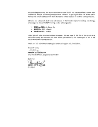 Asn Rda Invitation Invitation letter to Rda train the-trainor seminar-workshop | PDF
