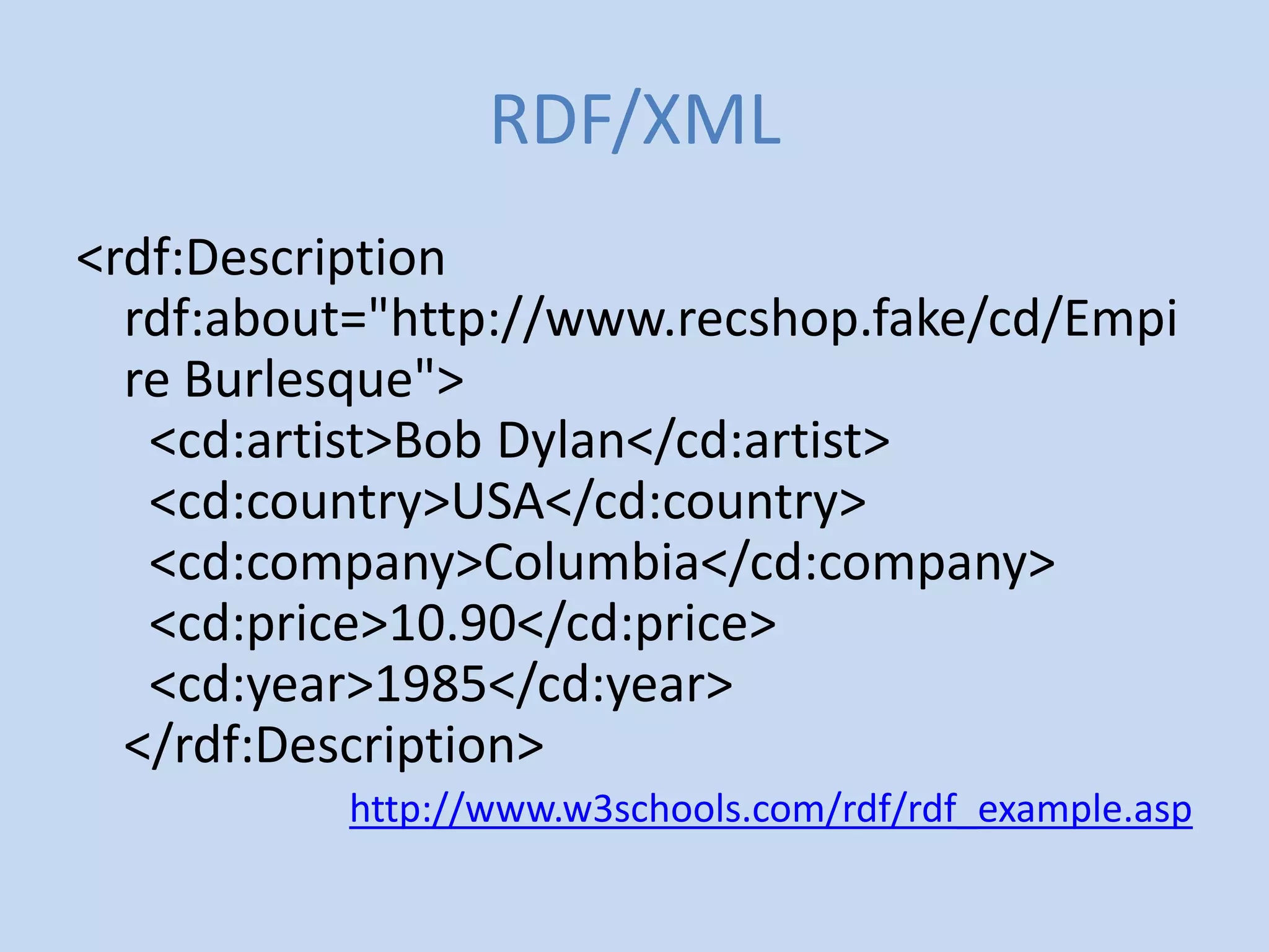 RDF/XML
<rdf:Description
  rdf:about="http://www.recshop.fake/cd/Empi
  re Burlesque">
   <cd:artist>Bob Dylan</cd:artist>
   <cd:country>USA</cd:country>
   <cd:company>Columbia</cd:company>
   <cd:price>10.90</cd:price>
   <cd:year>1985</cd:year>
  </rdf:Description>
          http://www.w3schools.com/rdf/rdf_example.asp
 