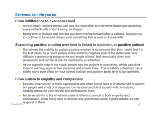 © Copyright 2004 18
Extremes can trip you up
From indifference to over-concerned
n  An extremely resilient person can lack the motivation to overcome challenges accepting
every setback with a “don’t worry, be happy”
n  Being slow to recover can prevent you from moving forward after a setback, causing you
to continue to fume and obsess over something that is over and done with.
Sustaining positive emotion over time is linked to optimism or positive outlook
n  Sometimes the inability to sustain positive emotion is so extreme that they hardly feel it in
the first place. As a result people at the extreme negative pole of the dimension have
difficulty experiencing pleasure for any length of time, feel chronically down and
pessimistic and can be at risk for depression or addiction.
n  At the opposite side of the scale, people see the positive in everything, which can blind
them to warning signs in their personal and private lives. The durability of feelings has a
strong carry-over effect on your overall outlook and positive types tend to be optimistic.
From autism to empathy and compassion
n  Extreme insensitivity to facial expressions and other social cues is characteristic of autism,
but people well short of a diagnosis can be deaf and blind socially with devastating
consequences for their private and professional lives.
n  Acute sensitivity to the emotional state of others is central to both empathy and
compassion, since being able to decode and understand social signals means we can
respond to them.
 