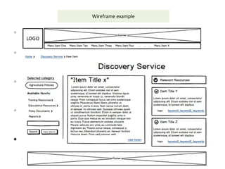 mapping the network
• understand & depict the Wheat research
community
• identify the user requirements
– “Which is the research profile of the wheat research
community?”
• identify the content requirements
– “What information are of the interest of the wheat
community?”
• identify the system requirements
– “Which key services & functionalities should be
included in the WDI demonstrator?”
• map the user & data requirements to the system
requirements and validate the Wheat
demonstrator functionalities
Wireframe example
 