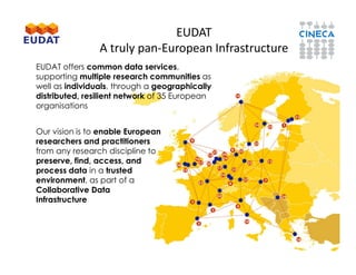 EUDAT
A truly pan-European Infrastructure
EUDAT offers common data services,
supporting multiple research communities as
well as individuals, through a geographically
distributed, resilient network of 35 European
organisations
Our vision is to enable European
researchers and practitionersresearchers and practitioners
from any research discipline to
preserve, find, access, and
process data in a trusted
environment, as part of a
Collaborative Data
Infrastructure
 