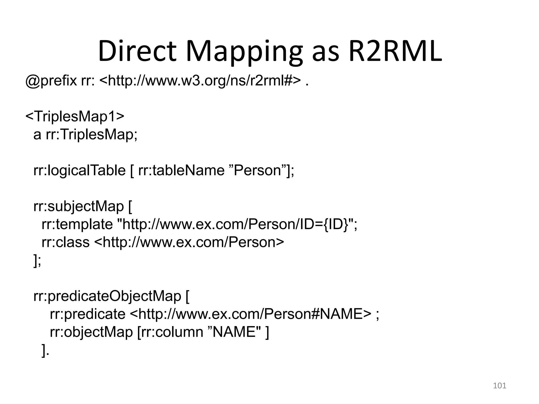 Direct Mapping as R2RML
@prefix rr: <http://www.w3.org/ns/r2rml#> .
<TriplesMap1>
a rr:TriplesMap;
rr:logicalTable [ rr:tableName ”Person”];
rr:subjectMap [
rr:template "http://www.ex.com/Person/ID={ID}";
rr:class <http://www.ex.com/Person>
];
rr:predicateObjectMap [
rr:predicate <http://www.ex.com/Person#NAME> ;
rr:objectMap [rr:column ”NAME" ]
].
101

 