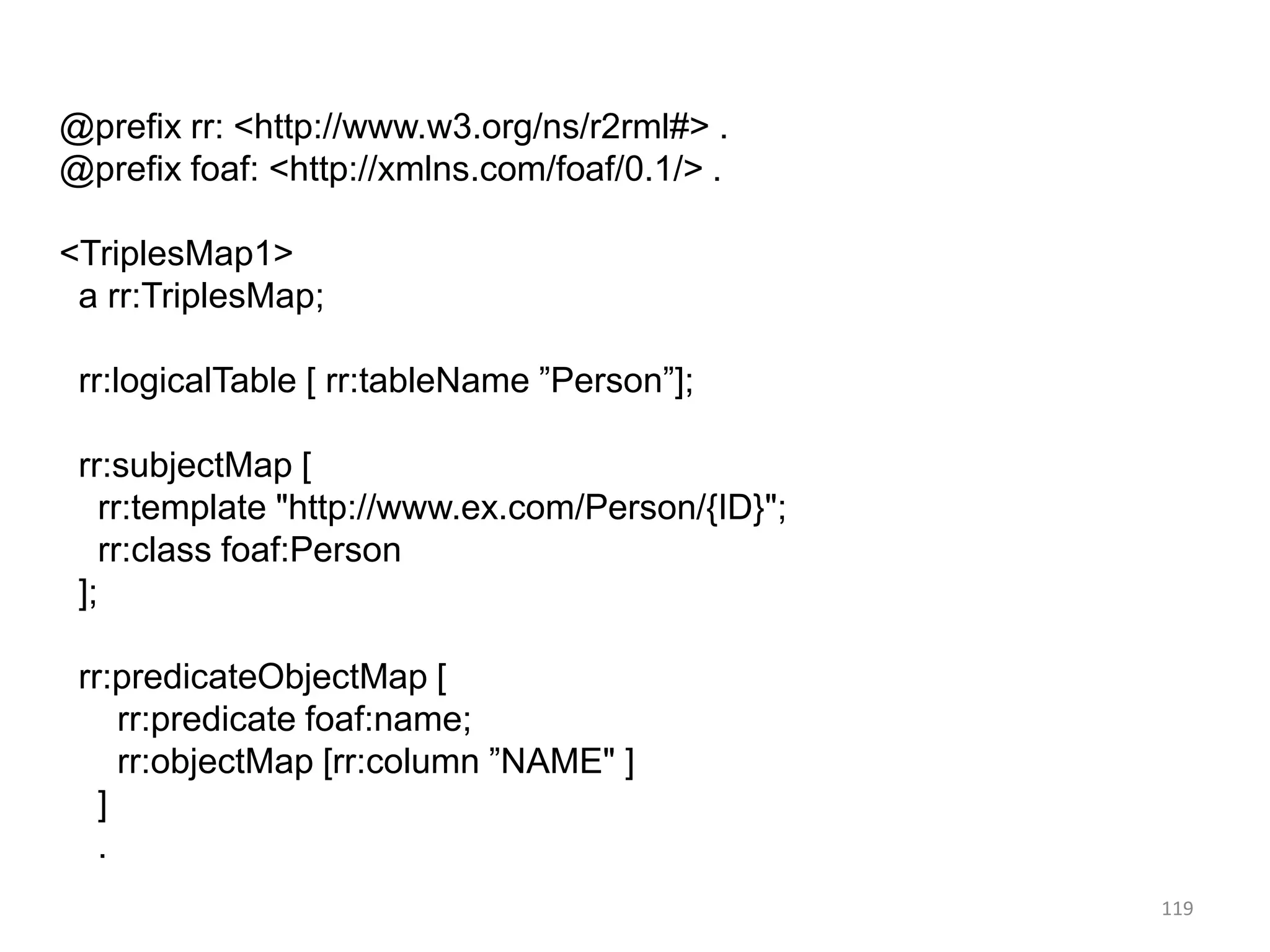@prefix rr: <http://www.w3.org/ns/r2rml#> .
@prefix foaf: <http://xmlns.com/foaf/0.1/> .
<TriplesMap1>
a rr:TriplesMap;
rr:logicalTable [ rr:tableName ”Person”];
rr:subjectMap [
rr:template "http://www.ex.com/Person/{ID}";
rr:class foaf:Person
];
rr:predicateObjectMap [
rr:predicate foaf:name;
rr:objectMap [rr:column ”NAME" ]
]
.
119

 