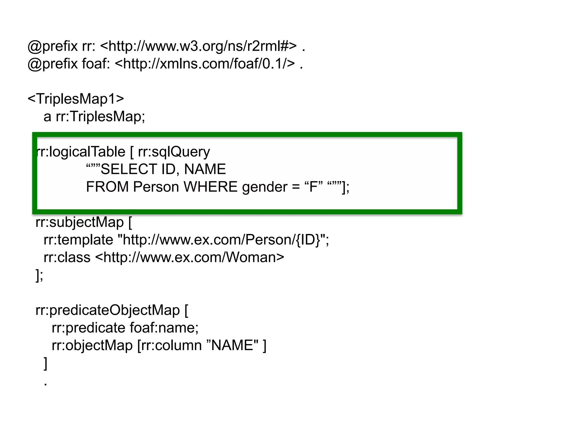 @prefix rr: <http://www.w3.org/ns/r2rml#> .
@prefix foaf: <http://xmlns.com/foaf/0.1/> .
<TriplesMap1>
a rr:TriplesMap;
rr:logicalTable [ rr:sqlQuery
“””SELECT ID, NAME
FROM Person WHERE gender = “F” “””];

rr:subjectMap [
rr:template "http://www.ex.com/Person/{ID}";
rr:class <http://www.ex.com/Woman>
];
rr:predicateObjectMap [
rr:predicate foaf:name;
rr:objectMap [rr:column ”NAME" ]
]
.

 