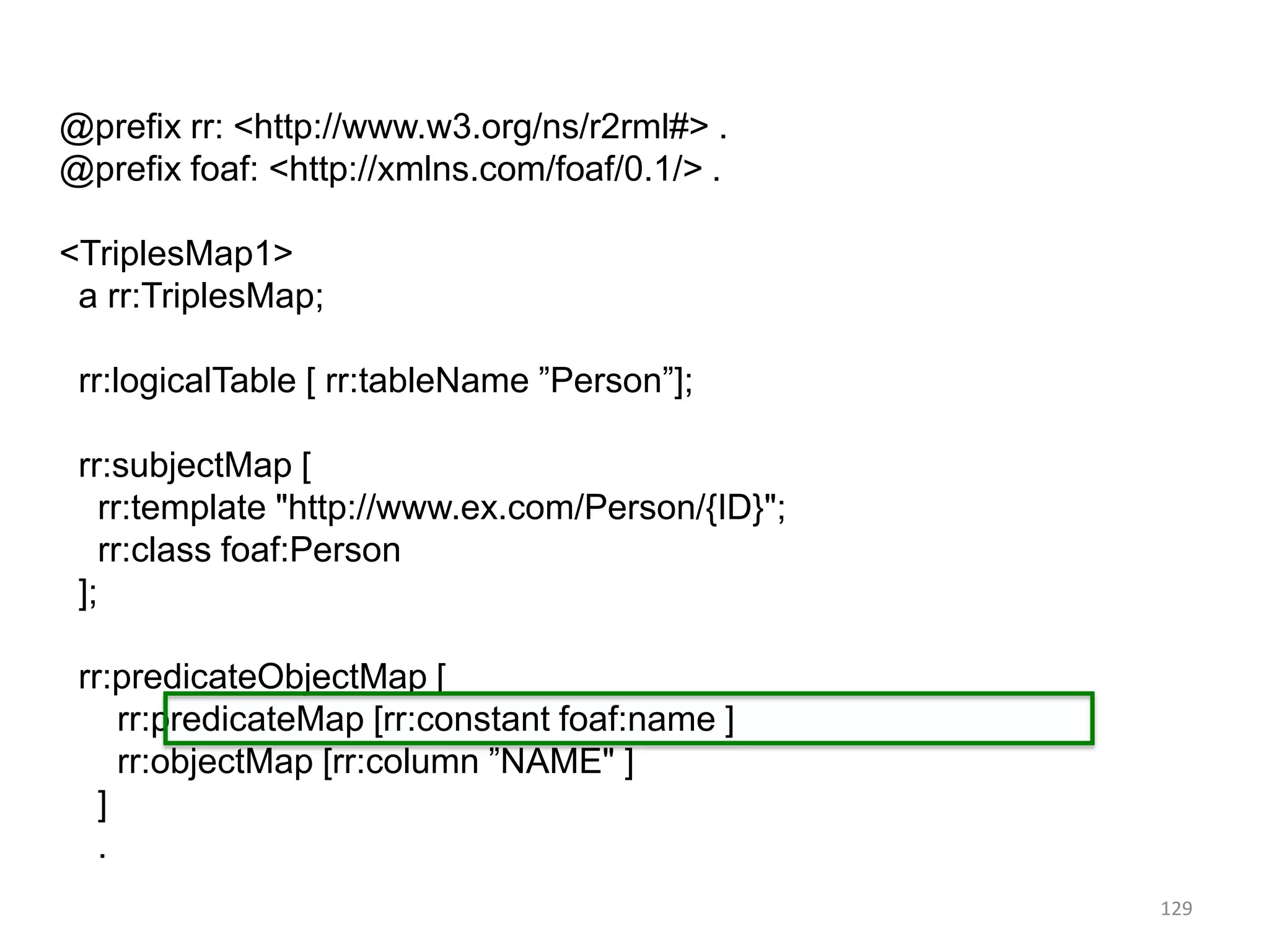 @prefix rr: <http://www.w3.org/ns/r2rml#> .
@prefix foaf: <http://xmlns.com/foaf/0.1/> .
<TriplesMap1>
a rr:TriplesMap;
rr:logicalTable [ rr:tableName ”Person”];
rr:subjectMap [
rr:template "http://www.ex.com/Person/{ID}";
rr:class foaf:Person
];
rr:predicateObjectMap [
rr:predicateMap [rr:constant foaf:name ]
rr:objectMap [rr:column ”NAME" ]
]
.
129

 