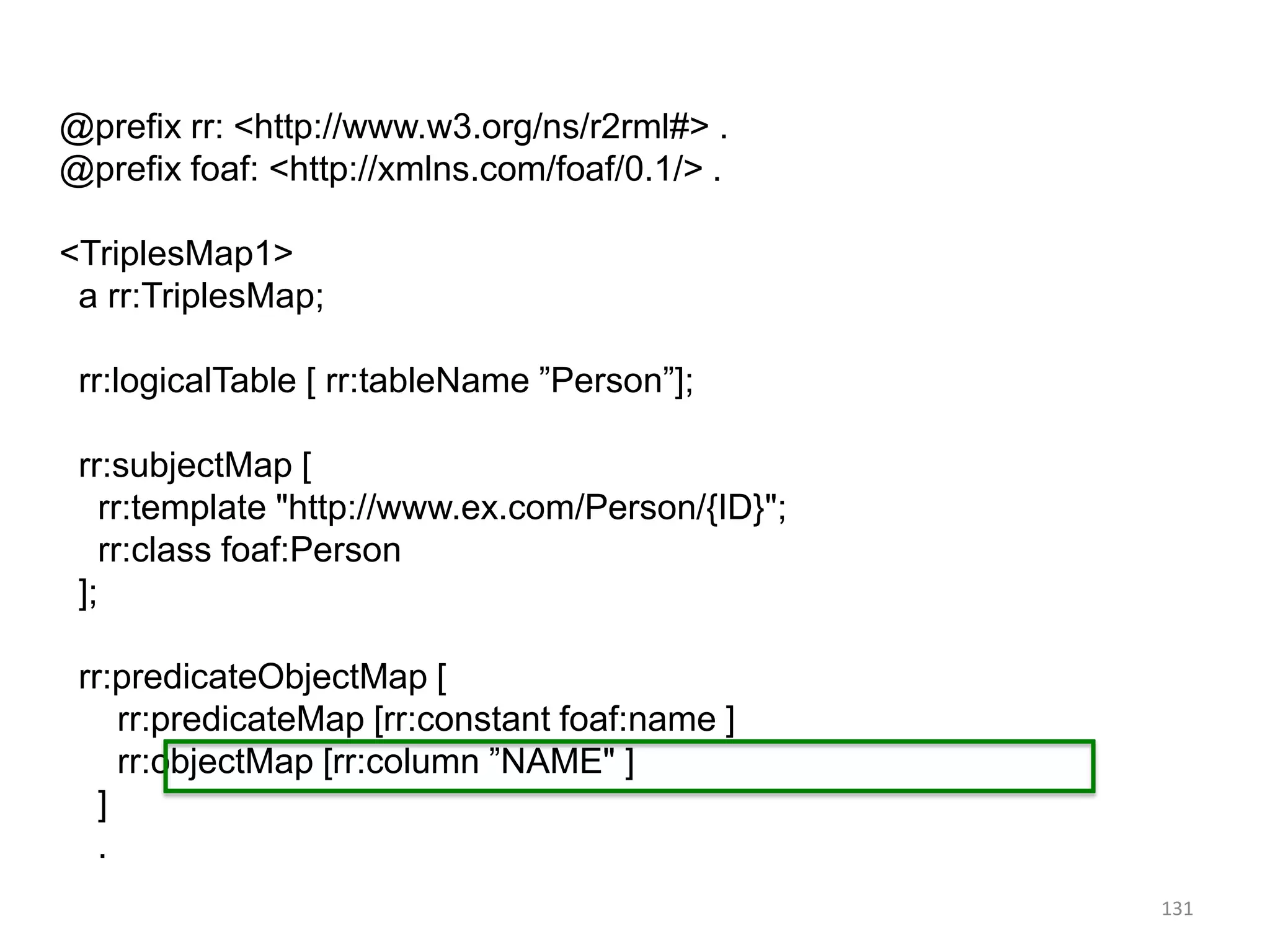 @prefix rr: <http://www.w3.org/ns/r2rml#> .
@prefix foaf: <http://xmlns.com/foaf/0.1/> .
<TriplesMap1>
a rr:TriplesMap;
rr:logicalTable [ rr:tableName ”Person”];
rr:subjectMap [
rr:template "http://www.ex.com/Person/{ID}";
rr:class foaf:Person
];
rr:predicateObjectMap [
rr:predicateMap [rr:constant foaf:name ]
rr:objectMap [rr:column ”NAME" ]
]
.
131

 