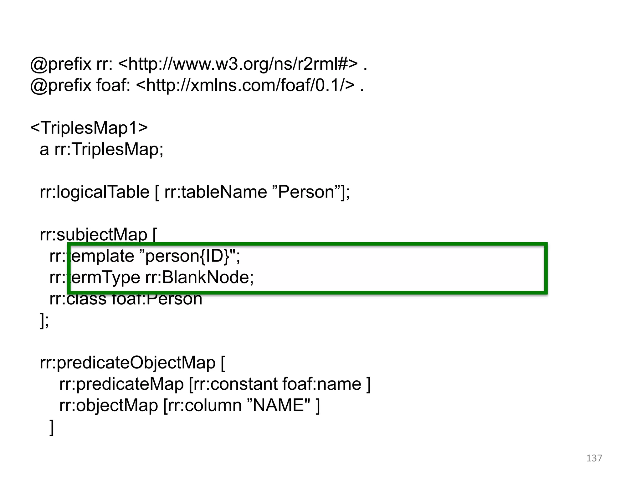 @prefix rr: <http://www.w3.org/ns/r2rml#> .
@prefix foaf: <http://xmlns.com/foaf/0.1/> .
<TriplesMap1>
a rr:TriplesMap;
rr:logicalTable [ rr:tableName ”Person”];
rr:subjectMap [
rr:template ”person{ID}";
rr:termType rr:BlankNode;
rr:class foaf:Person
];
rr:predicateObjectMap [
rr:predicateMap [rr:constant foaf:name ]
rr:objectMap [rr:column ”NAME" ]
]
.

137

 