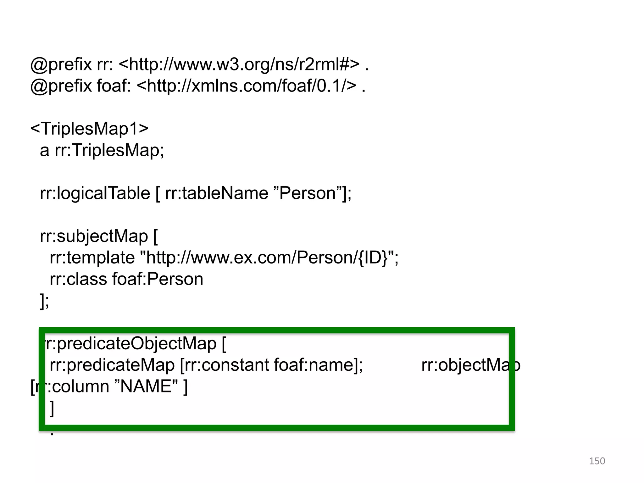 @prefix rr: <http://www.w3.org/ns/r2rml#> .
@prefix foaf: <http://xmlns.com/foaf/0.1/> .
<TriplesMap1>
a rr:TriplesMap;
rr:logicalTable [ rr:tableName ”Person”];
rr:subjectMap [
rr:template "http://www.ex.com/Person/{ID}";
rr:class foaf:Person
];
rr:predicateObjectMap [
rr:predicateMap [rr:constant foaf:name];
[rr:column ”NAME" ]
]
.

rr:objectMap

150

 