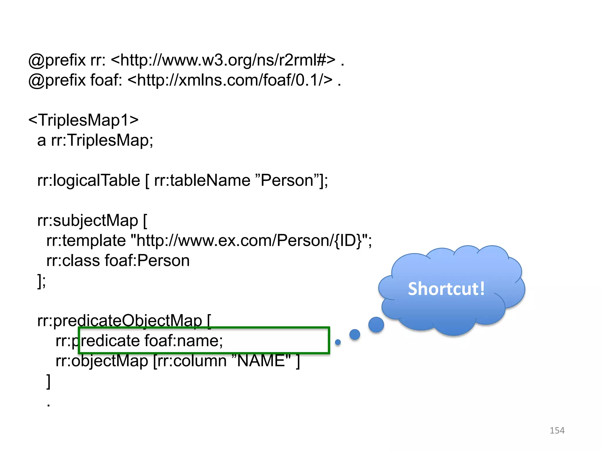 @prefix rr: <http://www.w3.org/ns/r2rml#> .
@prefix foaf: <http://xmlns.com/foaf/0.1/> .
<TriplesMap1>
a rr:TriplesMap;
rr:logicalTable [ rr:tableName ”Person”];
rr:subjectMap [
rr:template "http://www.ex.com/Person/{ID}";
rr:class foaf:Person
];

Shortcut!

rr:predicateObjectMap [
rr:predicate foaf:name;
rr:objectMap [rr:column ”NAME" ]
]
.
154

 
