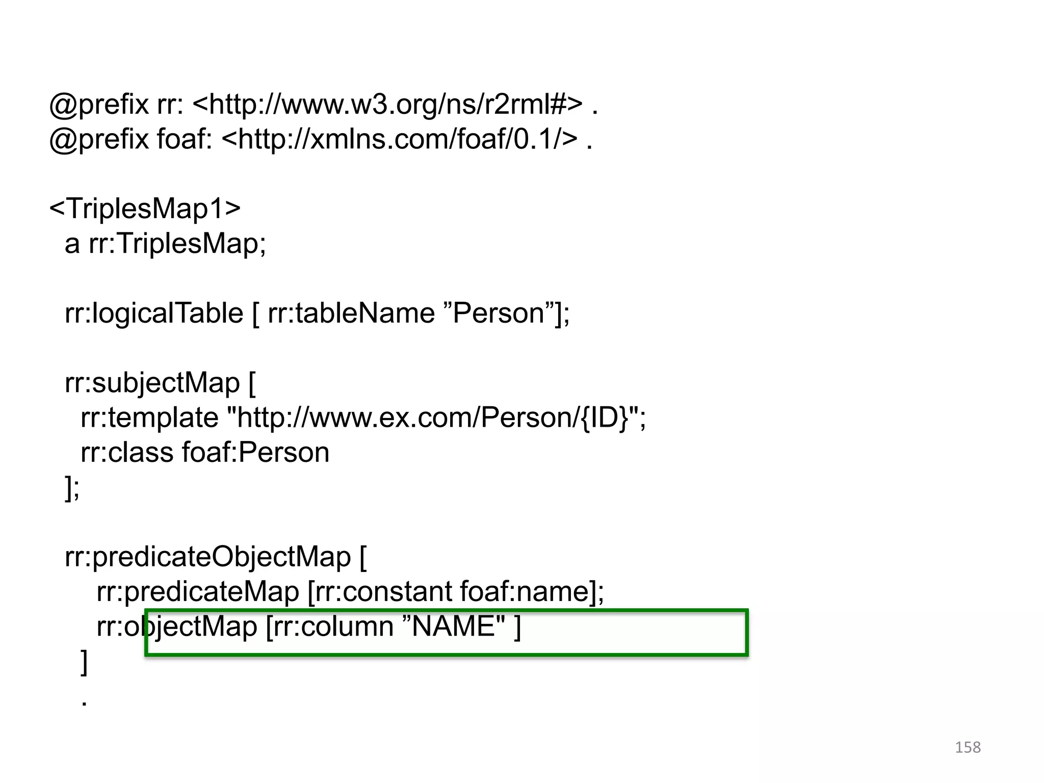 @prefix rr: <http://www.w3.org/ns/r2rml#> .
@prefix foaf: <http://xmlns.com/foaf/0.1/> .
<TriplesMap1>
a rr:TriplesMap;
rr:logicalTable [ rr:tableName ”Person”];
rr:subjectMap [
rr:template "http://www.ex.com/Person/{ID}";
rr:class foaf:Person
];
rr:predicateObjectMap [
rr:predicateMap [rr:constant foaf:name];
rr:objectMap [rr:column ”NAME" ]
]
.
158

 