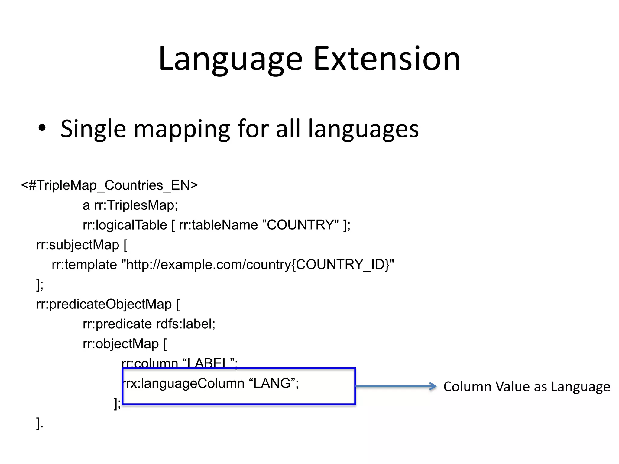 Language Extension
• Single mapping for all languages
<#TripleMap_Countries_EN>
a rr:TriplesMap;
rr:logicalTable [ rr:tableName ”COUNTRY" ];
rr:subjectMap [
rr:template "http://example.com/country{COUNTRY_ID}"
];
rr:predicateObjectMap [
rr:predicate rdfs:label;
rr:objectMap [
rr:column “LABEL”;
rrx:languageColumn “LANG”;
];
].

Column Value as Language

 