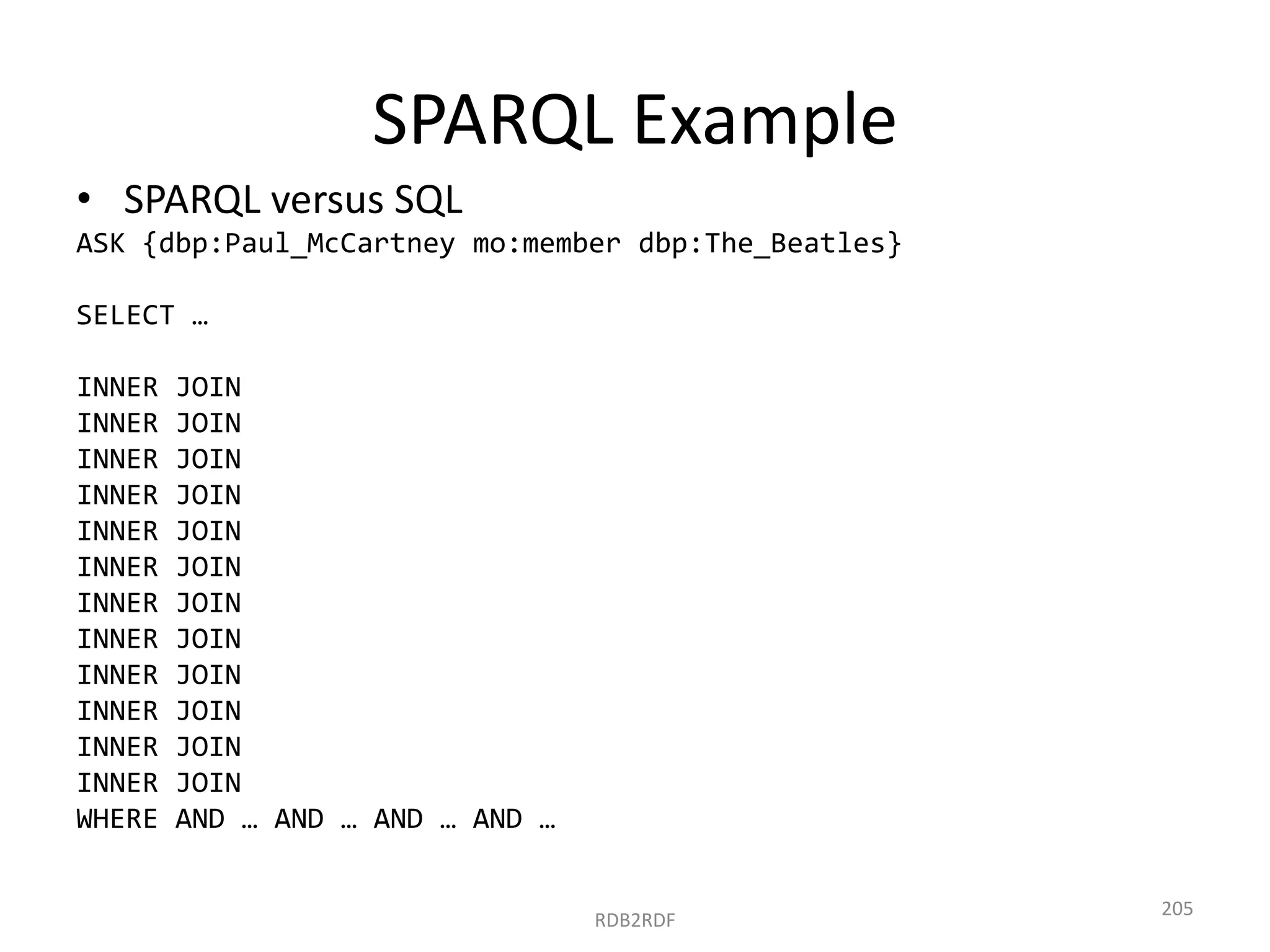 SPARQL Example
• SPARQL versus SQL
ASK {dbp:Paul_McCartney mo:member dbp:The_Beatles}
SELECT …
INNER
INNER
INNER
INNER
INNER
INNER
INNER
INNER
INNER
INNER
INNER
INNER
WHERE

JOIN
JOIN
JOIN
JOIN
JOIN
JOIN
JOIN
JOIN
JOIN
JOIN
JOIN
JOIN
AND … AND … AND … AND …

RDB2RDF

205

 