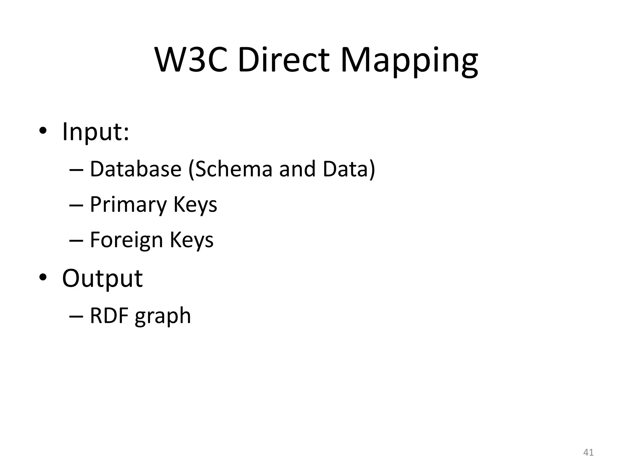 W3C Direct Mapping
• Input:
– Database (Schema and Data)
– Primary Keys
– Foreign Keys

• Output
– RDF graph

41

 