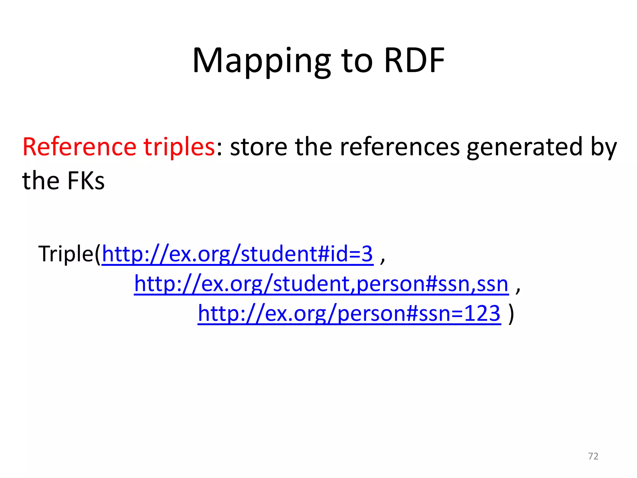 Mapping to RDF
Reference triples: store the references generated by
the FKs
Triple(http://ex.org/student#id=3 ,
http://ex.org/student,person#ssn,ssn ,
http://ex.org/person#ssn=123 )

72

 