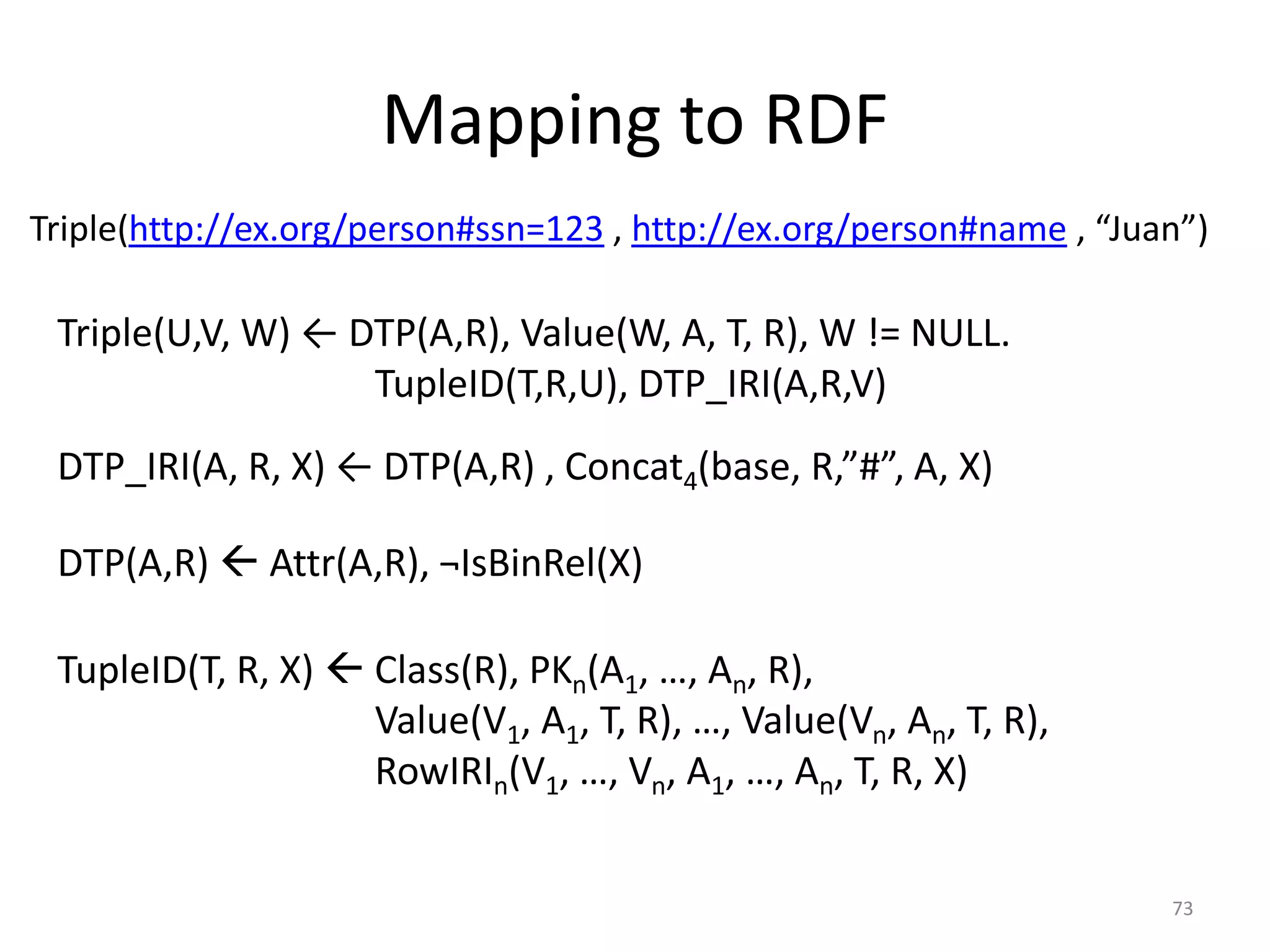 Mapping to RDF
Triple(http://ex.org/person#ssn=123 , http://ex.org/person#name , “Juan”)

Triple(U,V, W) ← DTP(A,R), Value(W, A, T, R), W != NULL.
TupleID(T,R,U), DTP_IRI(A,R,V)
DTP_IRI(A, R, X) ← DTP(A,R) , Concat4(base, R,”#”, A, X)

DTP(A,R)  Attr(A,R), ¬IsBinRel(X)
TupleID(T, R, X)  Class(R), PKn(A1, …, An, R),
Value(V1, A1, T, R), …, Value(Vn, An, T, R),
RowIRIn(V1, …, Vn, A1, …, An, T, R, X)
73

 