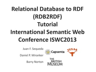 Relational Database to RDF
(RDB2RDF)
Tutorial
International Semantic Web
Conference ISWC2013
Juan F. Sequeda
Daniel P. Miranker

Barry Norton

 