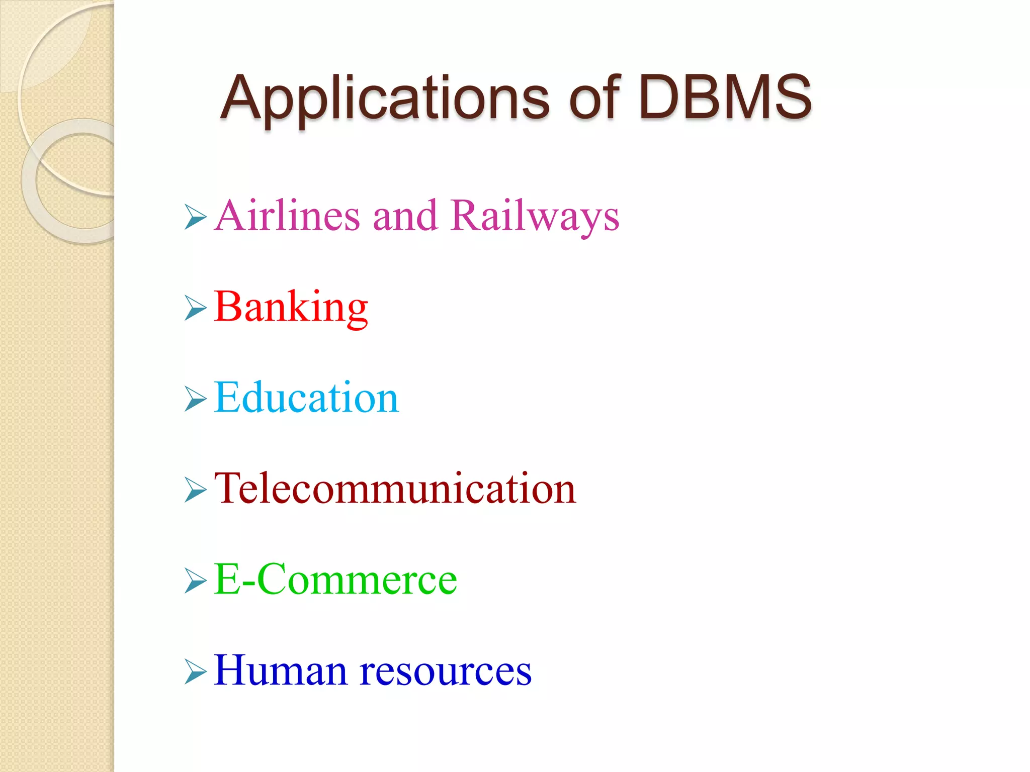 Applications of DBMS
Airlines and Railways
Banking
Education
Telecommunication
E-Commerce
Human resources
 