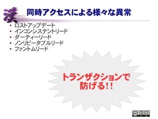 同時アクセスによる様々な異常
● ロストアップデート
●
インコンシステントリード
● ダーティーリード
● ノンリピータブルリード
●
ファントムリード
トランザクションで
防げる！！
 