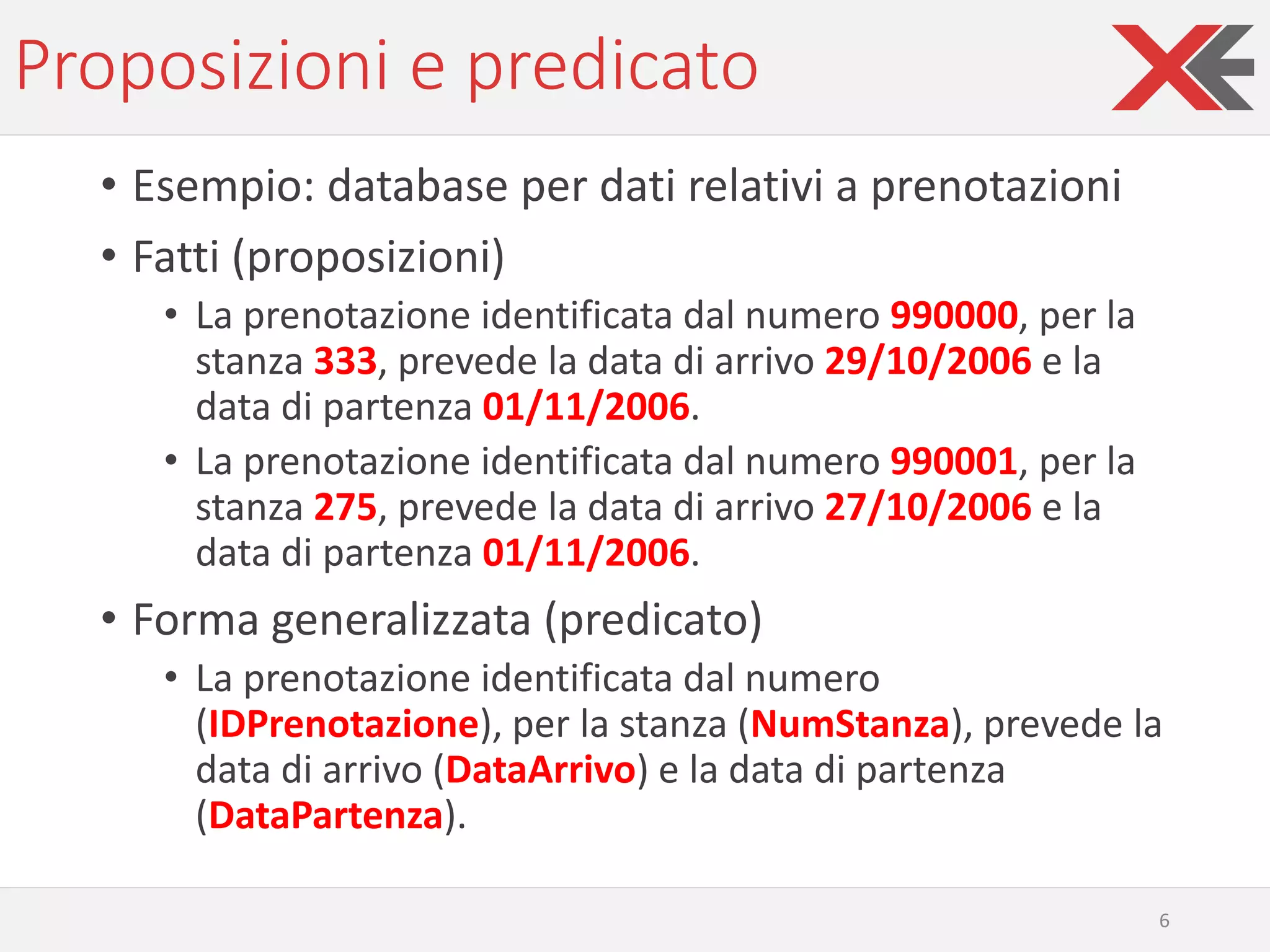 Proposizioni e predicato
• Esempio: database per dati relativi a prenotazioni
• Fatti (proposizioni)
• La prenotazione identificata dal numero 990000, per la
stanza 333, prevede la data di arrivo 29/10/2006 e la
data di partenza 01/11/2006.
• La prenotazione identificata dal numero 990001, per la
stanza 275, prevede la data di arrivo 27/10/2006 e la
data di partenza 01/11/2006.
• Forma generalizzata (predicato)
• La prenotazione identificata dal numero
(IDPrenotazione), per la stanza (NumStanza), prevede la
data di arrivo (DataArrivo) e la data di partenza
(DataPartenza).
6
 