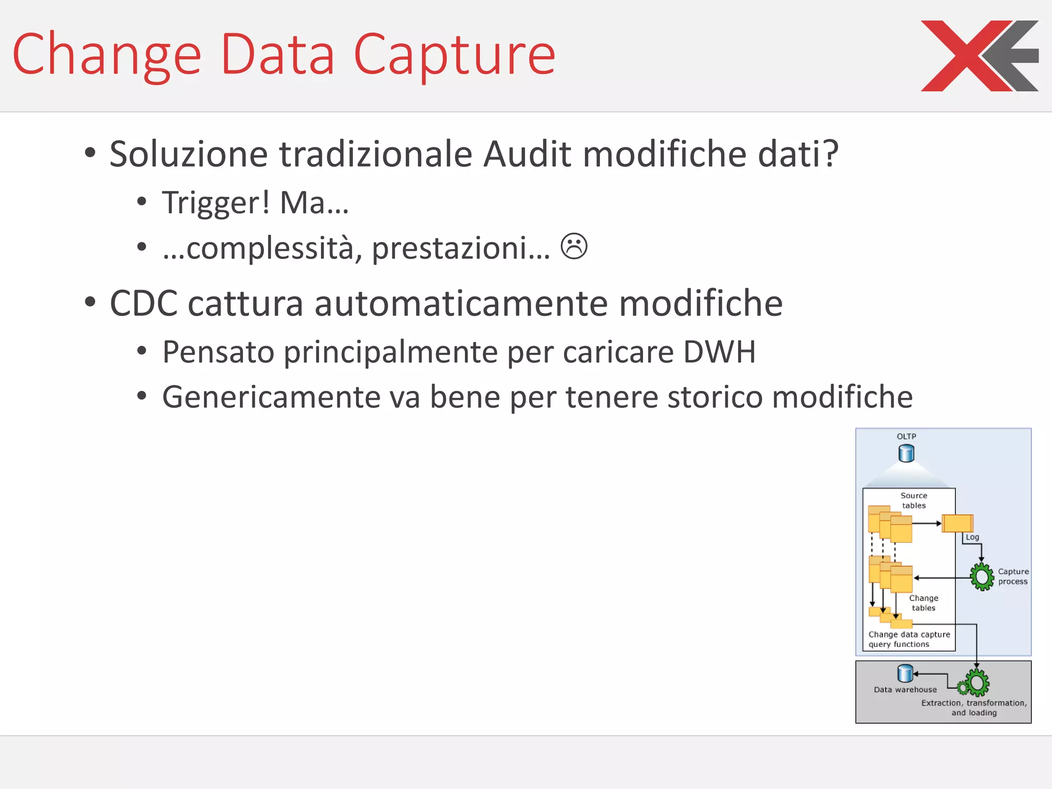 Change Data Capture
• Soluzione tradizionale Audit modifiche dati?
• Trigger! Ma…
• …complessità, prestazioni… 
• CDC cattura automaticamente modifiche
• Pensato principalmente per caricare DWH
• Genericamente va bene per tenere storico modifiche
 