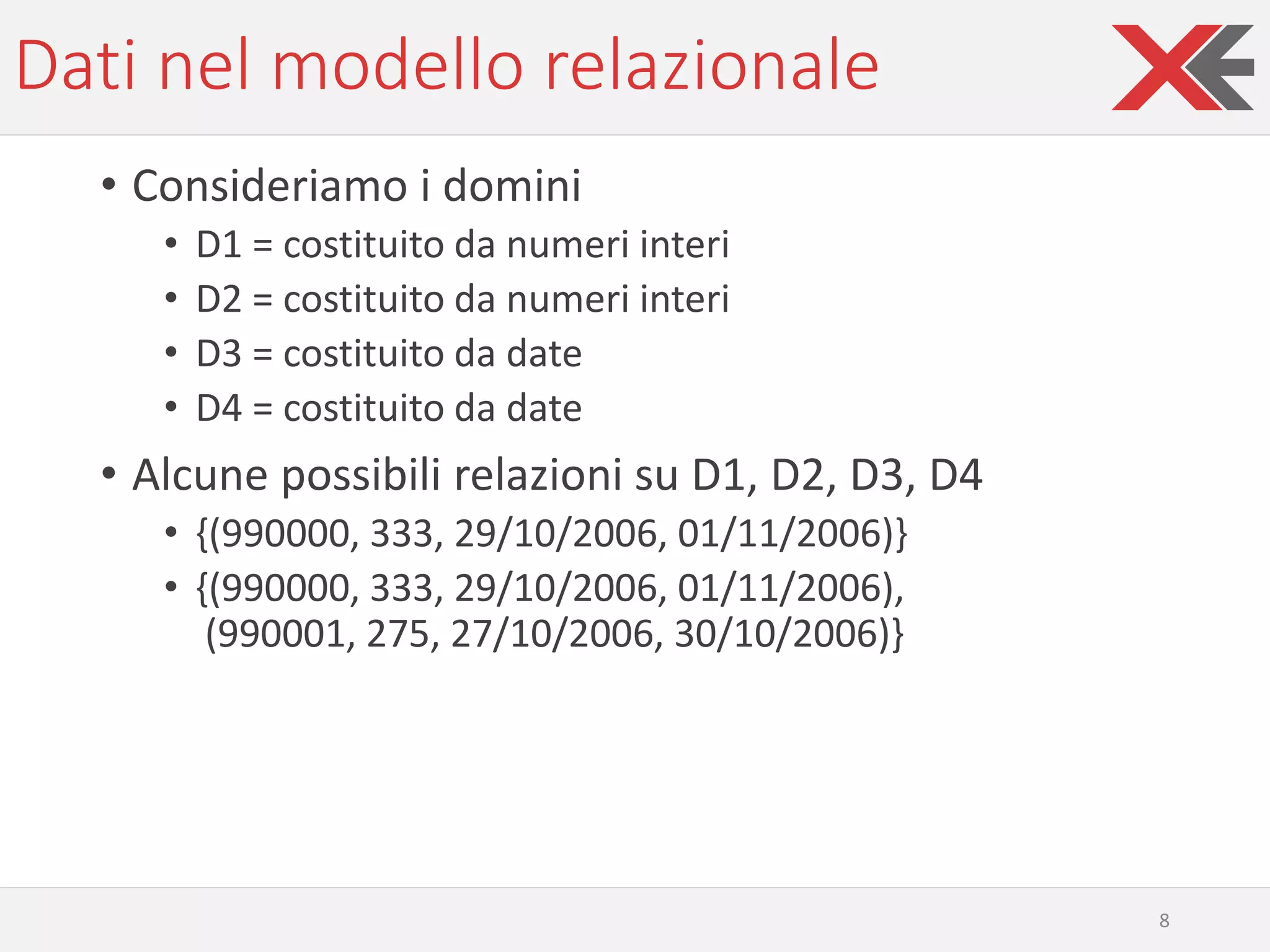 Dati nel modello relazionale
• Consideriamo i domini
• D1 = costituito da numeri interi
• D2 = costituito da numeri interi
• D3 = costituito da date
• D4 = costituito da date
• Alcune possibili relazioni su D1, D2, D3, D4
• {(990000, 333, 29/10/2006, 01/11/2006)}
• {(990000, 333, 29/10/2006, 01/11/2006),
(990001, 275, 27/10/2006, 30/10/2006)}
8
 