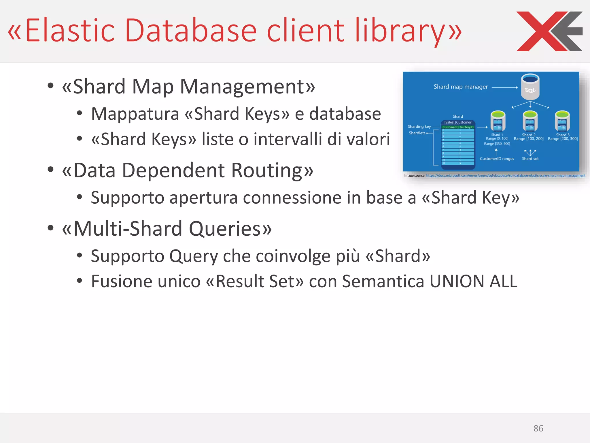 «Elastic Database client library»
• «Shard Map Management»
• Mappatura «Shard Keys» e database
• «Shard Keys» liste o intervalli di valori
• «Data Dependent Routing»
• Supporto apertura connessione in base a «Shard Key»
• «Multi-Shard Queries»
• Supporto Query che coinvolge più «Shard»
• Fusione unico «Result Set» con Semantica UNION ALL
Image source: https://docs.microsoft.com/en-us/azure/sql-database/sql-database-elastic-scale-shard-map-management
86
 