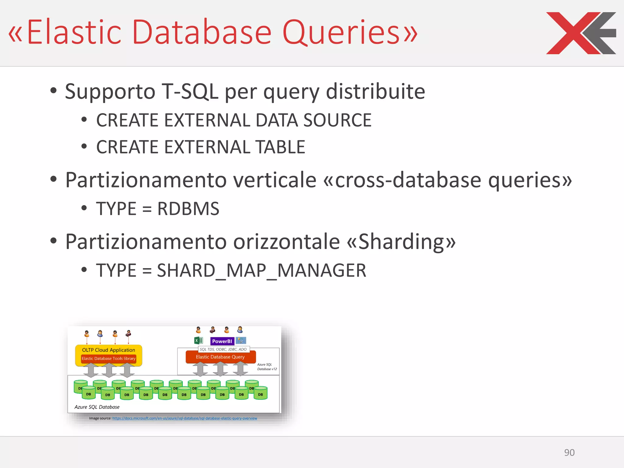 «Elastic Database Queries»
• Supporto T-SQL per query distribuite
• CREATE EXTERNAL DATA SOURCE
• CREATE EXTERNAL TABLE
• Partizionamento verticale «cross-database queries»
• TYPE = RDBMS
• Partizionamento orizzontale «Sharding»
• TYPE = SHARD_MAP_MANAGER
Image source: https://docs.microsoft.com/en-us/azure/sql-database/sql-database-elastic-query-overview
90
 