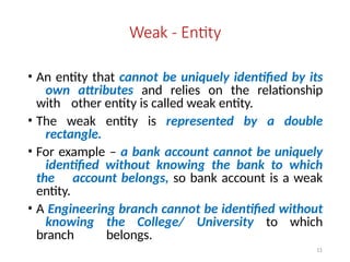 11
Weak - Entity
• An entity that cannot be uniquely identified by its
own attributes and relies on the relationship
with other entity is called weak entity.
• The weak entity is represented by a double
rectangle.
• For example – a bank account cannot be uniquely
identified without knowing the bank to which
the account belongs, so bank account is a weak
entity.
• A Engineering branch cannot be identified without
knowing the College/ University to which
branch belongs.
 