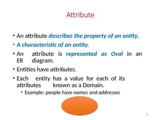 Attribute
• An attribute describes the property of an entity.
• A characteristic of an entity.
• An attribute is represented as Oval in an
ER diagram.
• Entities have attributes.
• Each entity has a value for each of its
attributes known as a Domain.
• Example: people have names and addresses
13
 
