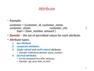 14
Attribute
• Example:
customer = (customer_id, customer_name,
customer_street, customer_city )
loan = (loan_number, amount )
• Domain – the set of permitted values for each attribute.
• Attribute types:
1. Key Attribute
2. composite attributes.
3. Single-valued and multi-valued attributes
• Example: multivalued attribute: phone_numbers
4. Derived attributes
• Can be computed from other attributes
• Example: age, given date_of_birth
 