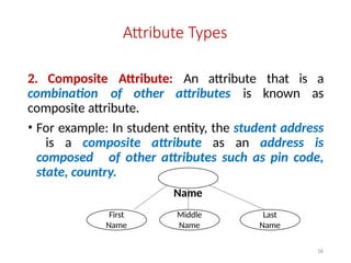 Attribute Types
2. Composite Attribute: An attribute that is a
combination of other attributes is known as
composite attribute.
• For example: In student entity, the student address
is a composite attribute as an address is
composed of other attributes such as pin code,
state, country.
Name
Middle
Name
Last
Name
First
Name
16
 