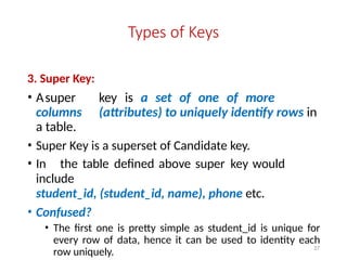 37
Types of Keys
3. Super Key:
• Asuper key is a set of one of more
columns (attributes) to uniquely identify rows in
a table.
• Super Key is a superset of Candidate key.
• In the table defined above super key would
include
student_id, (student_id, name), phone etc.
• Confused?
• The first one is pretty simple as student_id is unique for
every row of data, hence it can be used to identity each
row uniquely.
 