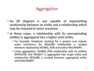 61
Aggregation
• An ER diagram is not capable of representing
relationship between an entity and a relationship which
may be required in some scenarios.
• In those cases, a relationship with its corresponding
entities is aggregated into a higher level entity.
• For Example, Employee working for a project may require
some machinery. So, REQUIRE relationship is needed
between relationship WORKS_FOR and entity MACHINERY.
• Using aggregation, WORKS_FOR relationship with its entities
EMPLOYEE and PROJECT is aggregated into single entity and
relationship REQUIRE is created between aggregated entity
and MACHINERY.
 