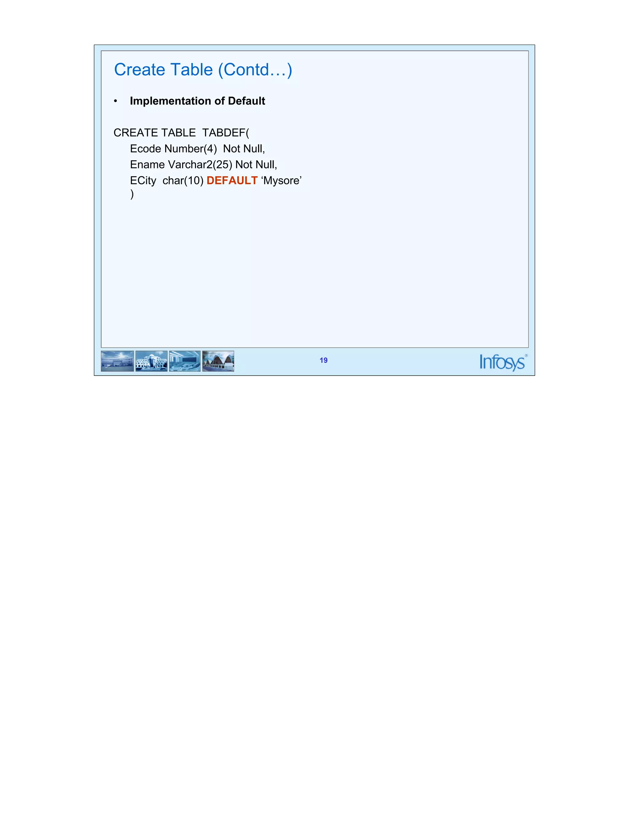 19 
19 
Create Table (Contd…) 
• Implementation of Default 
CREATE TABLE TABDEF( 
Ecode Number(4) Not Null, 
Ename Varchar2(25) Not Null, 
ECity char(10) DEFAULT ‘Mysore’ 
) 
 