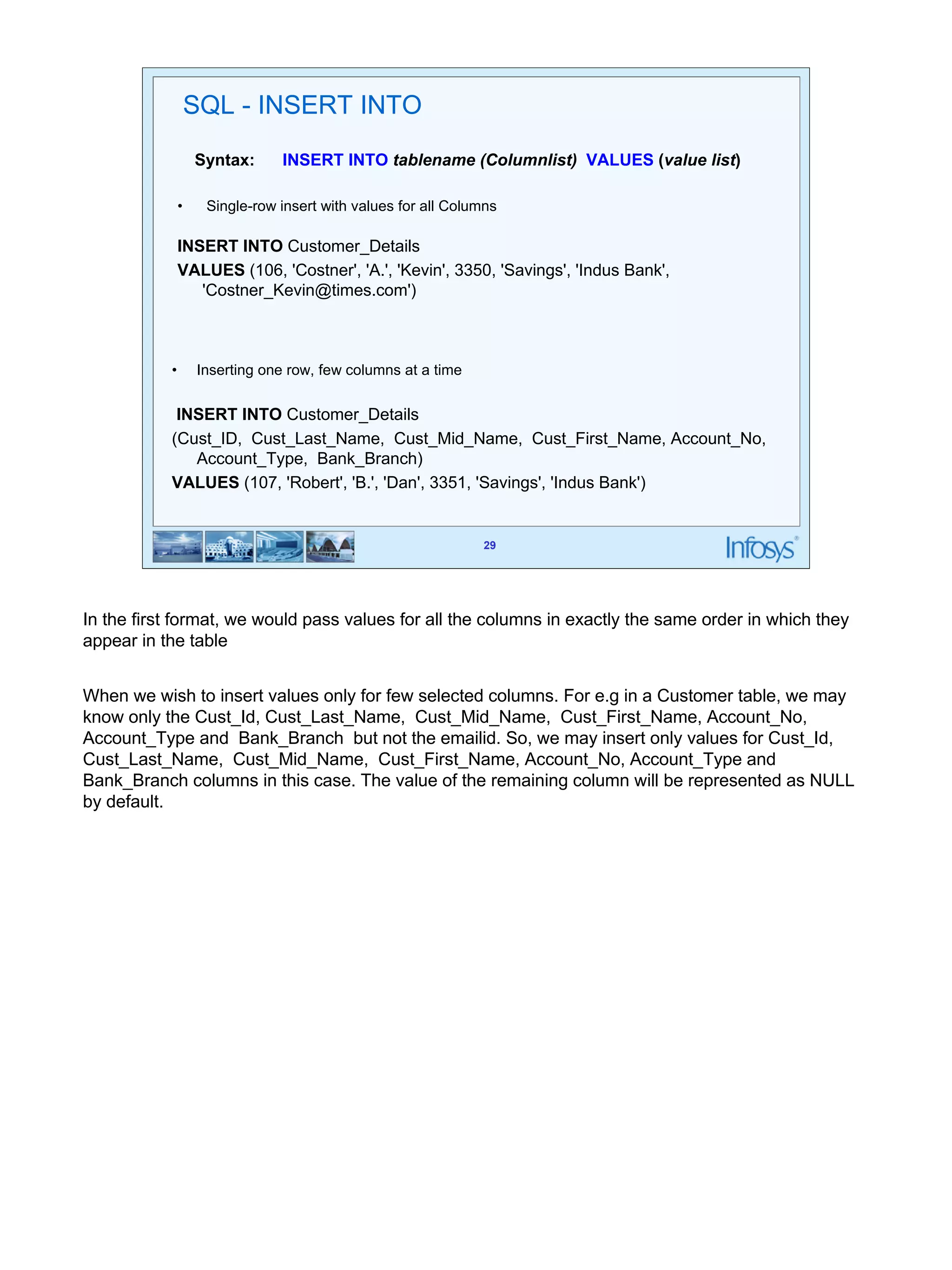 29 
Syntax: INSERT INTO tablename (Columnlist) VALUES (value list) 
29 
SQL - INSERT INTO 
• Single-row insert with values for all Columns 
INSERT INTO Customer_Details 
VALUES (106, 'Costner', 'A.', 'Kevin', 3350, 'Savings', 'Indus Bank', 
'Costner_Kevin@times.com') 
• Inserting one row, few columns at a time 
INSERT INTO Customer_Details 
(Cust_ID, Cust_Last_Name, Cust_Mid_Name, Cust_First_Name, Account_No, 
Account_Type, Bank_Branch) 
VALUES (107, 'Robert', 'B.', 'Dan', 3351, 'Savings', 'Indus Bank') 
In the first format, we would pass values for all the columns in exactly the same order in which they 
appear in the table 
When we wish to insert values only for few selected columns. For e.g in a Customer table, we may 
know only the Cust_Id, Cust_Last_Name, Cust_Mid_Name, Cust_First_Name, Account_No, 
Account_Type and Bank_Branch but not the emailid. So, we may insert only values for Cust_Id, 
Cust_Last_Name, Cust_Mid_Name, Cust_First_Name, Account_No, Account_Type and 
Bank_Branch columns in this case. The value of the remaining column will be represented as NULL 
by default. 
 