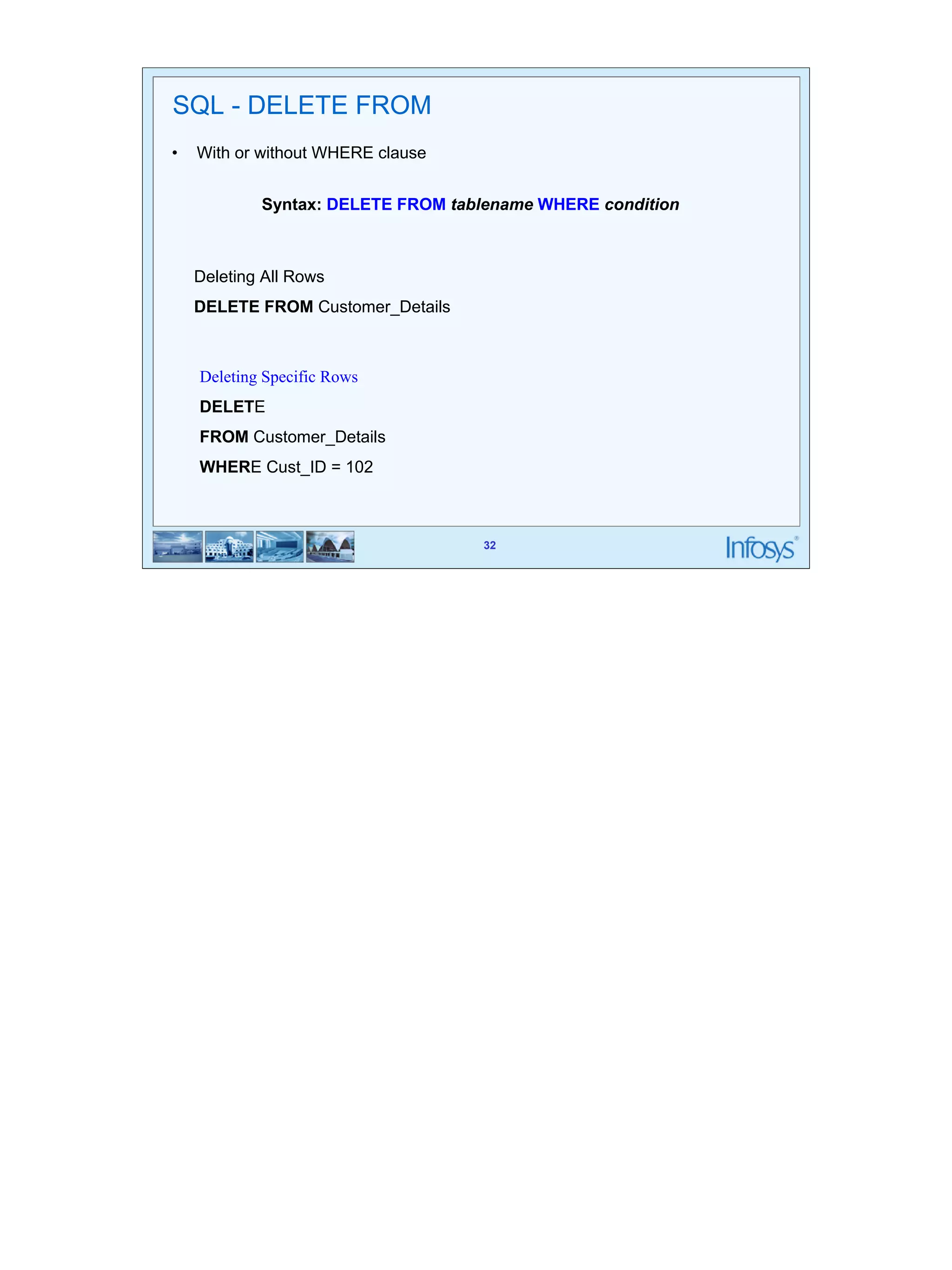 32 
Syntax: DELETE FROM tablename WHERE condition 
32 
SQL - DELETE FROM 
• With or without WHERE clause 
Deleting All Rows 
DELETE FROM Customer_Details 
Deleting Specific Rows 
DELETE 
FROM Customer_Details 
WHERE Cust_ID = 102 
 