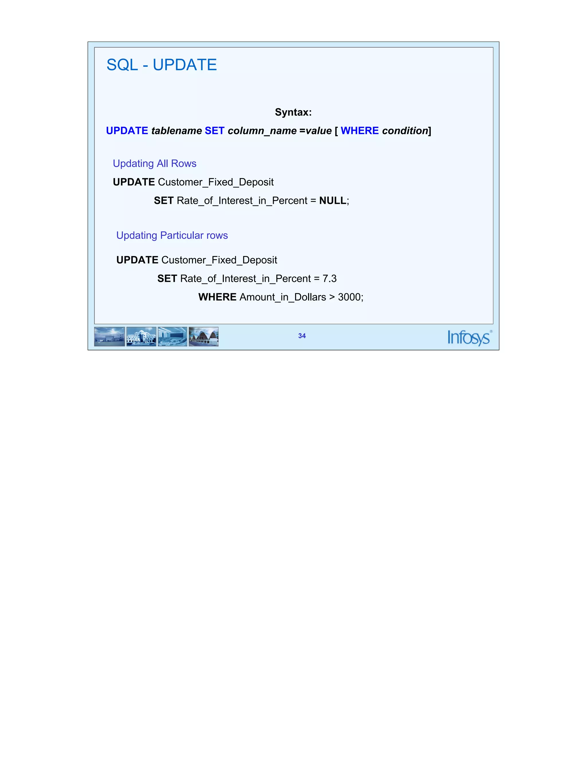 34 
Syntax: 
UPDATE tablename SET column_name =value [ WHERE condition] 
34 
SQL - UPDATE 
Updating All Rows 
UPDATE Customer_Fixed_Deposit 
SET Rate_of_Interest_in_Percent = NULL; 
Updating Particular rows 
UPDATE Customer_Fixed_Deposit 
SET Rate_of_Interest_in_Percent = 7.3 
WHERE Amount_in_Dollars > 3000; 
 