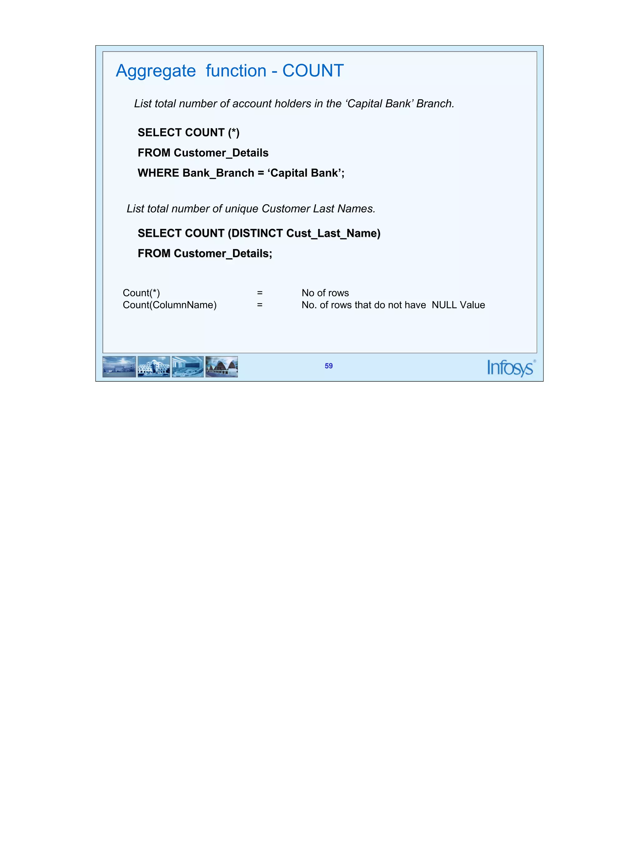 59 
Aggregate function - COUNT 
List total number of account holders in the ‘Capital Bank’ Branch. 
SELECT COUNT (*) 
FROM Customer_Details 
WHERE Bank_Branch = ‘Capital Bank’; 
List total number of unique Customer Last Names. 
SELECT COUNT (DISTINCT Cust_Last_Name) 
FROM Customer_Details; 
Count(*) = No of rows 
Count(ColumnName) = No. of rows that do not have NULL Value 
59 
 