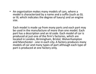 • An organization makes many models of cars, where a
model is characterized by a name and a suffix (such as GL
or XL which indicates the degree of luxury) and an engine
size.
Each model is made up from many parts and each part may
be used in the manufacture of more than one model. Each
part has a description and an id code. Each model of car is
produced at just one of the firm's factories, which areproduced at just one of the firm's factories, which are
located in London, Birmingham, Bristol, Wolverhampton
and Manchester - one in each city. A factory produces many
models of car and many types of part although each type of
part is produced at one factory only.
 
