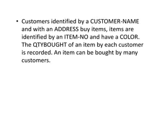• Customers identified by a CUSTOMER-NAME
and with an ADDRESS buy items, items are
identified by an ITEM-NO and have a COLOR.
The QTYBOUGHT of an item by each customer
is recorded. An item can be bought by many
customers.customers.
 
