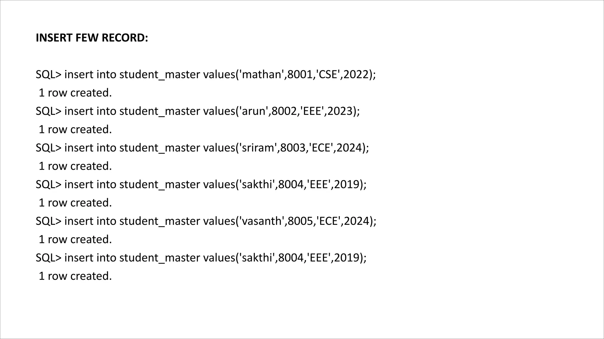 INSERT FEW RECORD:
SQL> insert into student_master values('mathan',8001,'CSE',2022);
1 row created.
SQL> insert into student_master values('arun',8002,'EEE',2023);
1 row created.
SQL> insert into student_master values('sriram',8003,'ECE',2024);
1 row created.
SQL> insert into student_master values('sakthi',8004,'EEE',2019);
1 row created.
SQL> insert into student_master values('vasanth',8005,'ECE',2024);
1 row created.
SQL> insert into student_master values('sakthi',8004,'EEE',2019);
1 row created.
 