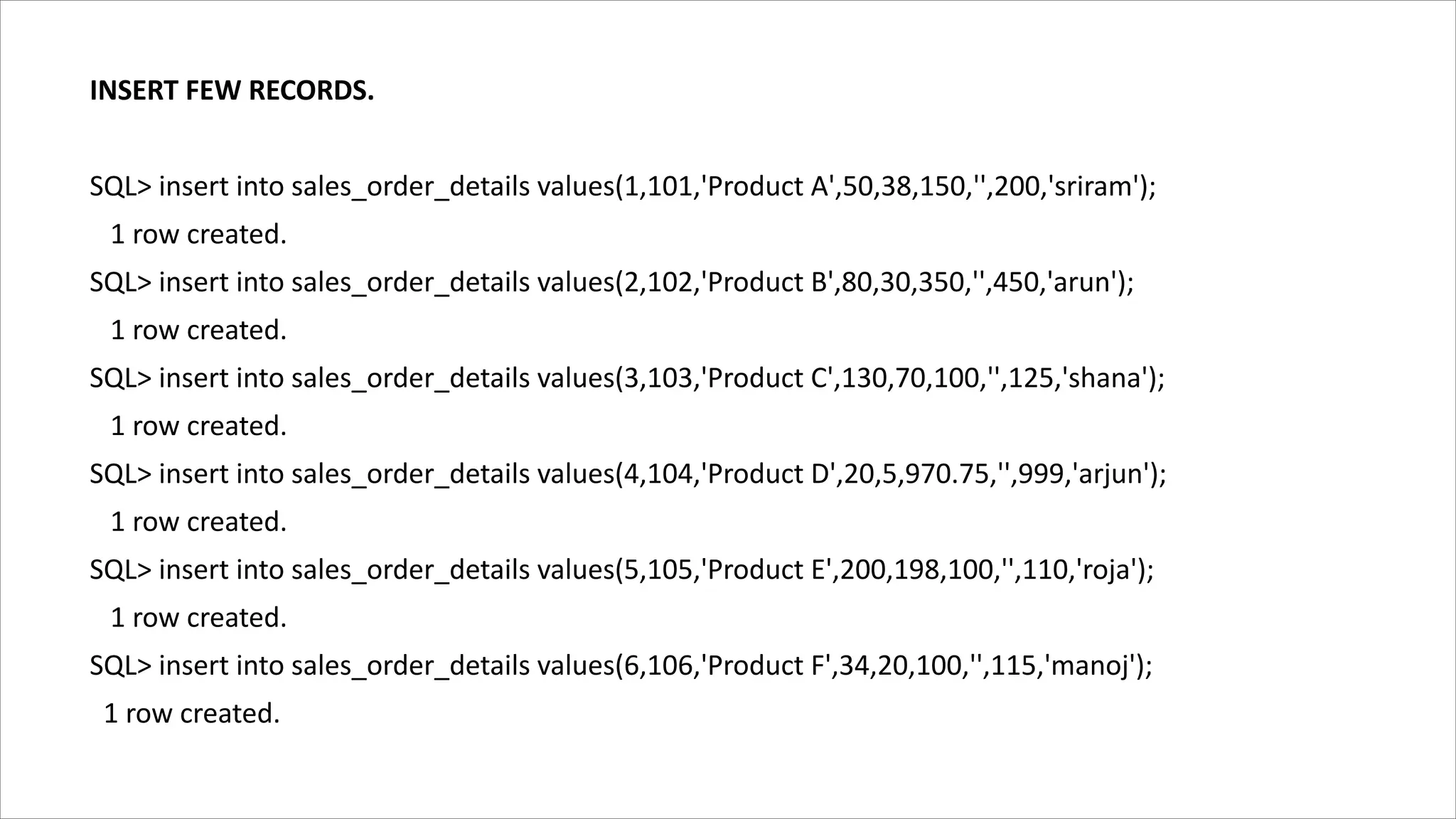 INSERT FEW RECORDS.
SQL> insert into sales_order_details values(1,101,'Product A',50,38,150,'',200,'sriram');
1 row created.
SQL> insert into sales_order_details values(2,102,'Product B',80,30,350,'',450,'arun');
1 row created.
SQL> insert into sales_order_details values(3,103,'Product C',130,70,100,'',125,'shana');
1 row created.
SQL> insert into sales_order_details values(4,104,'Product D',20,5,970.75,'',999,'arjun');
1 row created.
SQL> insert into sales_order_details values(5,105,'Product E',200,198,100,'',110,'roja');
1 row created.
SQL> insert into sales_order_details values(6,106,'Product F',34,20,100,'',115,'manoj');
1 row created.
 