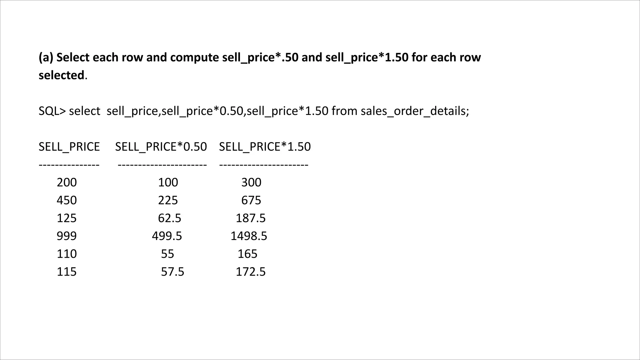 (a) Select each row and compute sell_price*.50 and sell_price*1.50 for each row
selected.
SQL> select sell_price,sell_price*0.50,sell_price*1.50 from sales_order_details;
SELL_PRICE SELL_PRICE*0.50 SELL_PRICE*1.50
--------------- ---------------------- ----------------------
200 100 300
450 225 675
125 62.5 187.5
999 499.5 1498.5
110 55 165
115 57.5 172.5
 