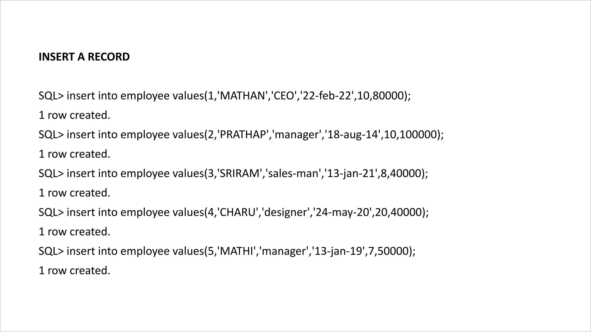 INSERT A RECORD
SQL> insert into employee values(1,'MATHAN','CEO','22-feb-22',10,80000);
1 row created.
SQL> insert into employee values(2,'PRATHAP','manager','18-aug-14',10,100000);
1 row created.
SQL> insert into employee values(3,'SRIRAM','sales-man','13-jan-21',8,40000);
1 row created.
SQL> insert into employee values(4,'CHARU','designer','24-may-20',20,40000);
1 row created.
SQL> insert into employee values(5,'MATHI','manager','13-jan-19',7,50000);
1 row created.
 
