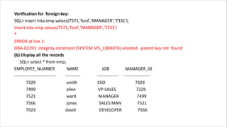 Verification for foreign key:
SQL> insert into emp values(7571,'ford','MANAGER','7331');
insert into emp values(7571,'ford','MANAGER','7331')
*
ERROR at line 1:
ORA-02291: integrity constraint (SYSTEM.SYS_C004070) violated - parent key not found
(b) Display all the records
SQL> select * from emp;
EMPLOYEE_NUMBER NAME JOB MANAGER_ID
----------------------------- ---------- --------------- ------------------
7329 smith CEO 7329
7499 allen VP-SALES 7329
7521 ward MANAGER 7499
7566 jones SALES MAN 7521
7923 david DEVELOPER 7566
 