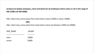 (c) Query to display employee_name and Salary for all employees whose salary is not in the range of
INR 15000 and INR 30000.
SQL> select emp_name,salary from emp2 where salary<15000 or salary >30000;
(OR)
SQL> select emp_name,salary from emp2 where salary not between 15000 and 30000;
EMP_NAME SALARY
------------------------------ ------------
anbu 50000
raman 10000
 