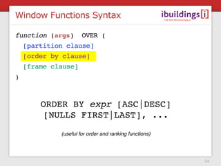 Window Functions Syntax

function (args) OVER (
  [partition clause]
  [order by clause]
  [frame clause]
)



      ORDER...