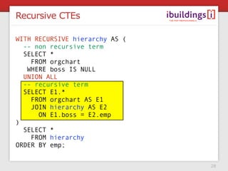 Recursive CTEs

WITH RECURSIVE hierarchy AS (
  -- non recursive term
  SELECT *
    FROM orgchart
   WHERE boss IS NULL
 ...